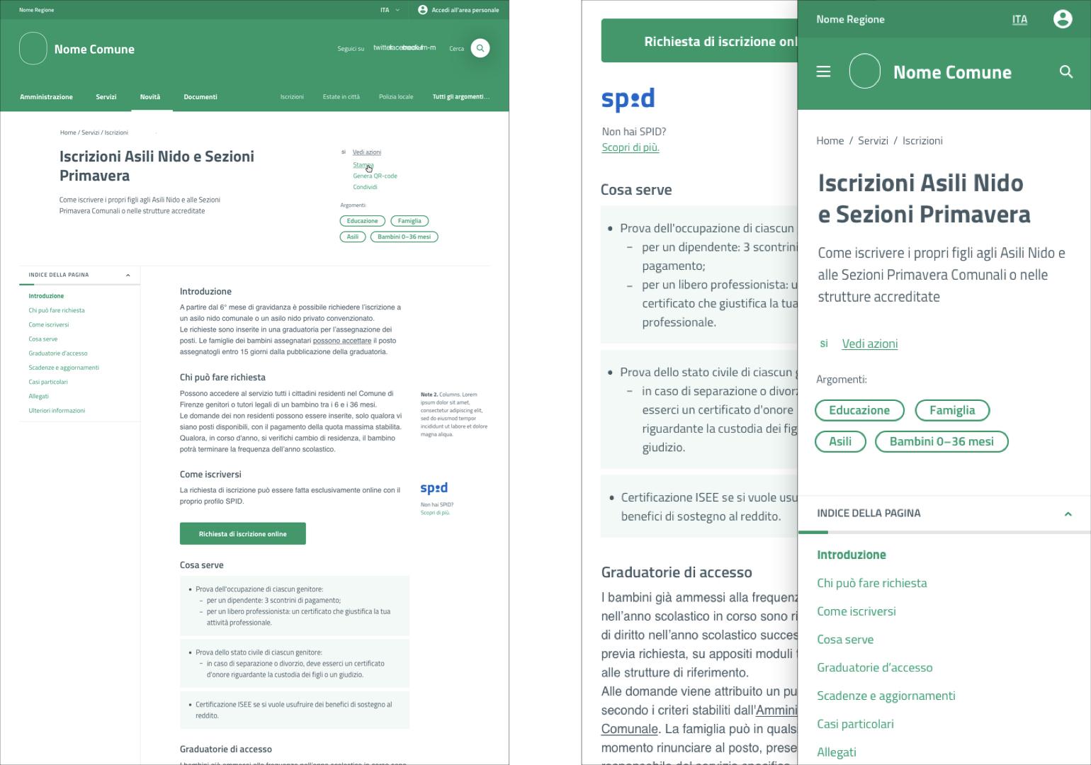 Pagina di descrizione dei servizi con indice delle sezioni