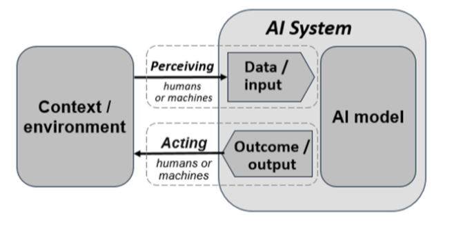 L'immagine illustra in modo schematico la definizione di un sistema di intelligenza artificiale sopra enunciata ed è tratta dai Principi dell'Intelligenza artificiale pubblicati dall'OCSE.